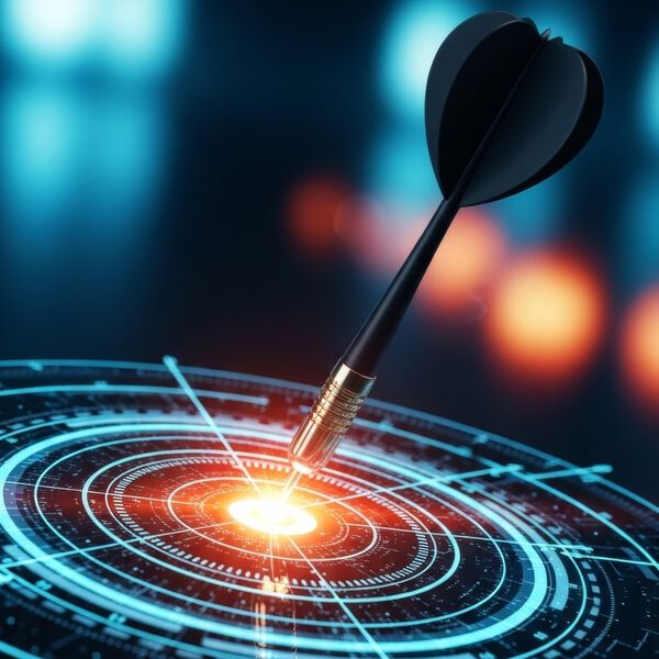 Ein Dartpfeil, der in einem futuristischen Dartbort ins Ziel trifft